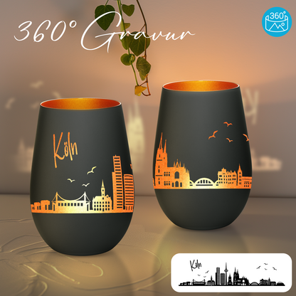 Hochwertiges Glas Windlicht mit Gravur "SKYLINE KÖLN" in der Farbe Schwarz/Bronze