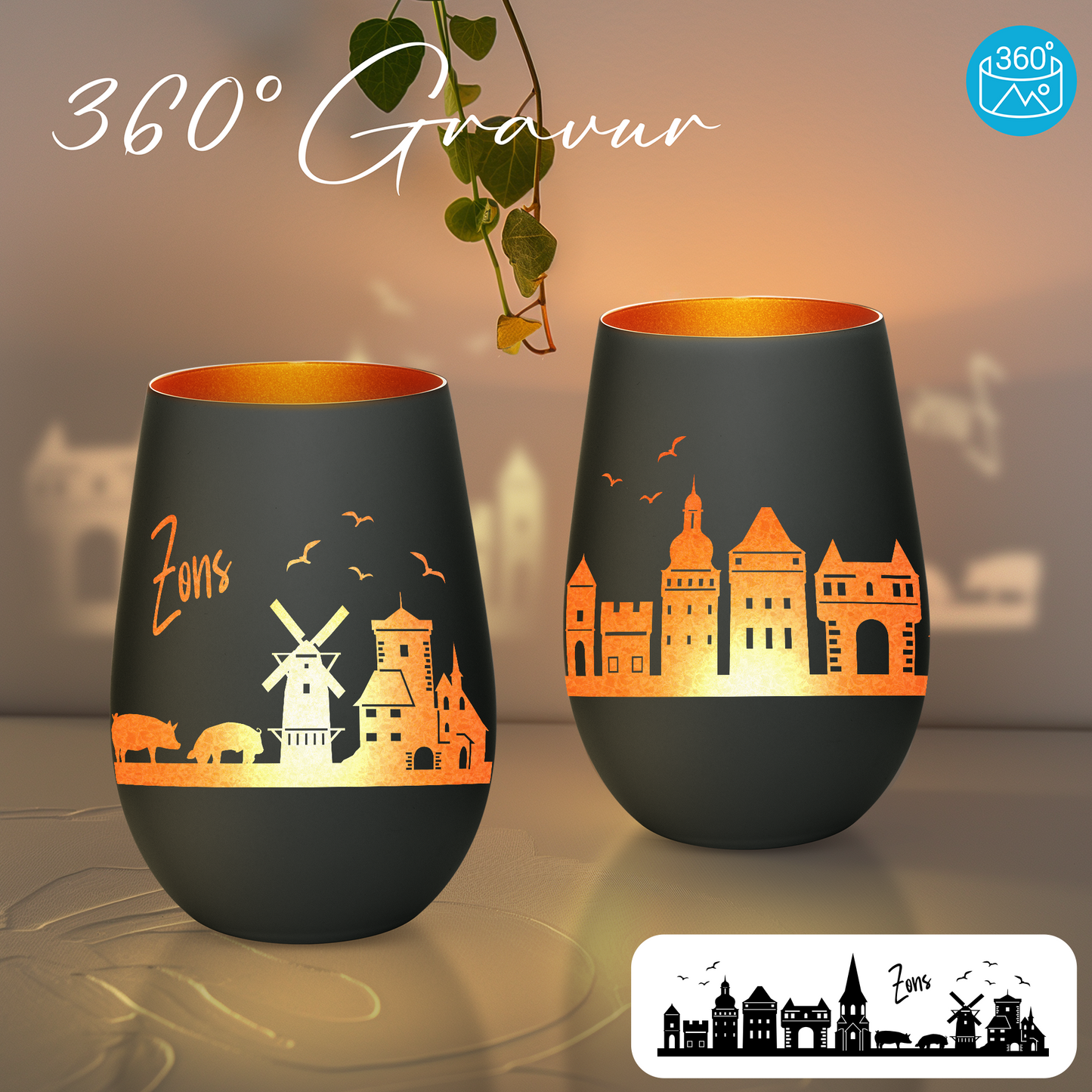 Hochwertiges Glas Windlicht mit Gravur "SKYLINE ZONS (DORMAGEN)" in der Farbe Schwarz/Bronze