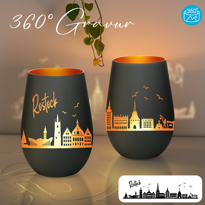 Hochwertiges Glas Windlicht mit Gravur "SKYLINE ROSTOCK" in der Farbe Schwarz/Bronze