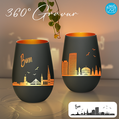 Hochwertiges Glas Windlicht mit Gravur "SKYLINE BONN" in der Farbe Schwarz/Bronze