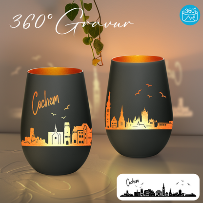 Hochwertiges Glas Windlicht mit Gravur "SKYLINE COCHEM" in der Farbe Schwarz/Bronze