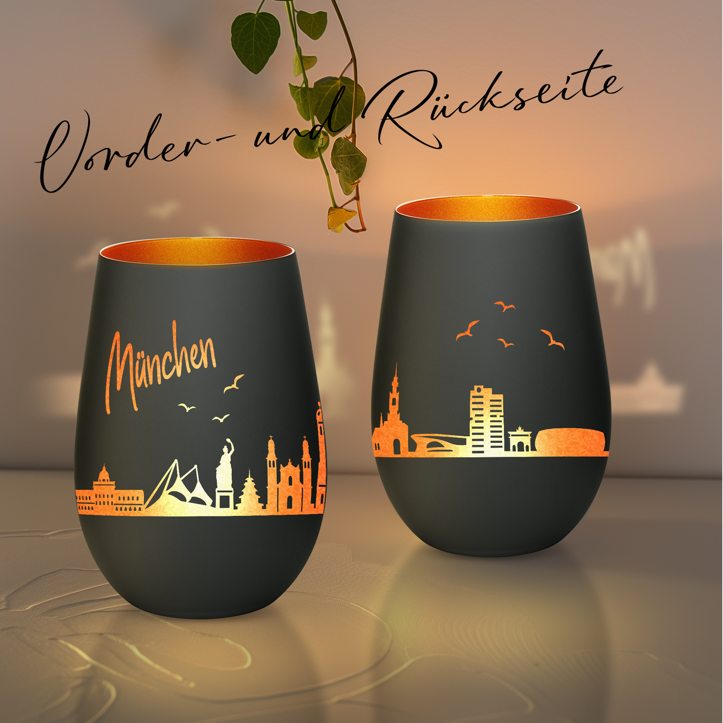 Hochwertiges Glas Windlicht mit Gravur "SKYLINE MÜNCHEN" in der Farbe Schwarz/Bronze