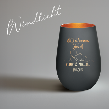 Hochwertiges Glas Windlicht mit Gravur "WEIL DU DIE LIEBE MEINES LEBENS BIST" mit Wunschnamen und Datum in der Farbe Schwarz/Bronze