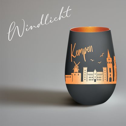 Hochwertiges Glas Windlicht mit Gravur "SKYLINE KEMPEN" in der Farbe Schwarz/Bronze