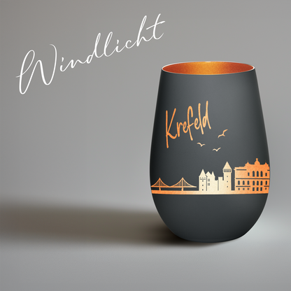 Hochwertiges Glas Windlicht mit Gravur "SKYLINE KREFELD" in der Farbe Schwarz/Bronze