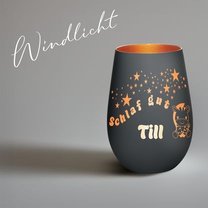 Hochwertiges Glas Windlicht für Kinder mit Gravur "SCHLAF GUT" Motiv Zebra mit Wunschname in der Farbe Schwarz/Bronze