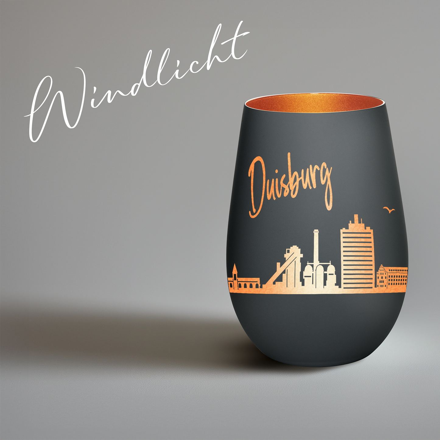 Hochwertiges Glas Windlicht mit Gravur "SKYLINE DUISBURG" in der Farbe Schwarz/Bronze