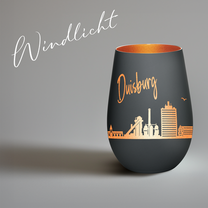 Hochwertiges Glas Windlicht mit Gravur "SKYLINE DUISBURG" in der Farbe Schwarz/Bronze