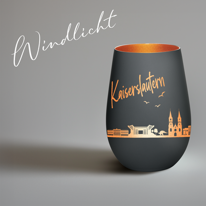 Hochwertiges Glas Windlicht mit Gravur "SKYLINE KAISERSLAUTERN" in der Farbe Schwarz/Bronze