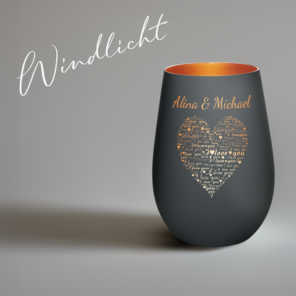 Hochwertiges Glas Windlicht mit Gravur "I LOVE YOU" mit Wunschnamen in der Farbe Schwarz/Bronze