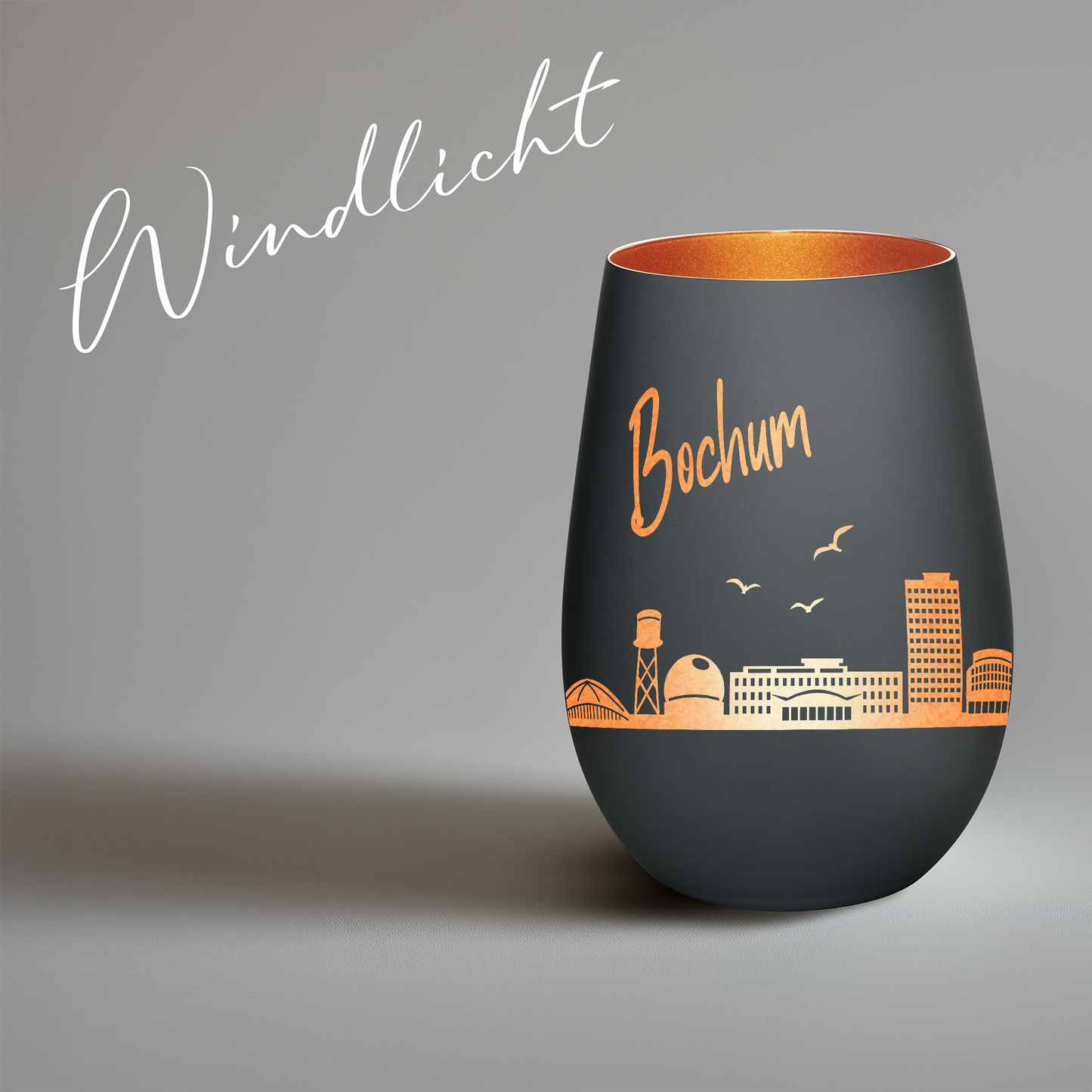 Hochwertiges Glas Windlicht mit Gravur "SKYLINE BOCHUM" in der Farbe Schwarz/Bronze