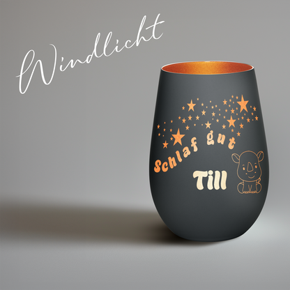 Hochwertiges Glas Windlicht für Kinder mit Gravur "SCHLAF GUT" Motiv Nashorn mit Wunschname in der Farbe Schwarz/Bronze