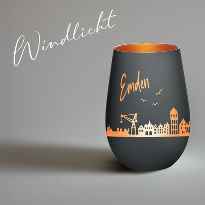 Hochwertiges Glas Windlicht mit Gravur "SKYLINE EMDEN" in der Farbe Schwarz/Bronze