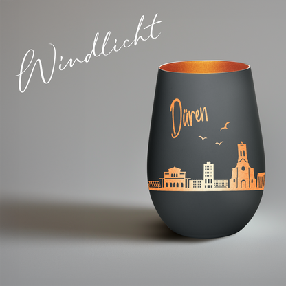 Hochwertiges Glas Windlicht mit Gravur "SKYLINE DÜREN" in der Farbe Schwarz/Bronze
