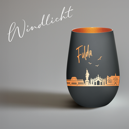 Hochwertiges Glas Windlicht mit Gravur "SKYLINE FULDA" in der Farbe Schwarz/Bronze