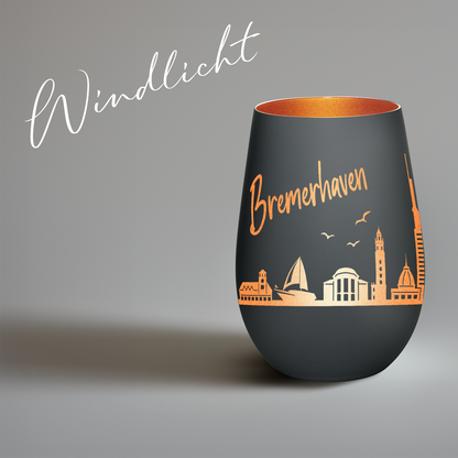 Hochwertiges Glas Windlicht mit Gravur "SKYLINE BREMERHAVEN" in der Farbe Schwarz/Bronze