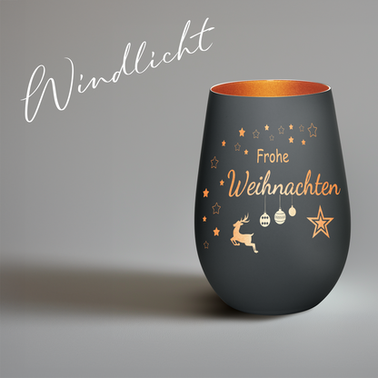 Hochwertiges Glas Windlicht mit Gravur "FROHE WEIHNACHTEN" in der Farbe Schwarz/Bronze