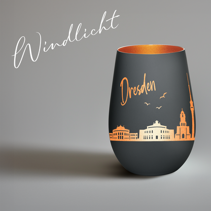 Hochwertiges Glas Windlicht mit Gravur "SKYLINE DRESDEN" in der Farbe Schwarz/Bronze