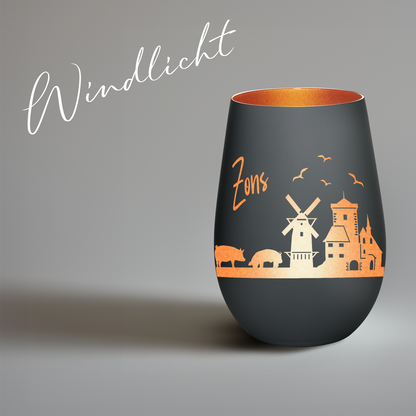 Hochwertiges Glas Windlicht mit Gravur "SKYLINE ZONS (DORMAGEN)" in der Farbe Schwarz/Bronze