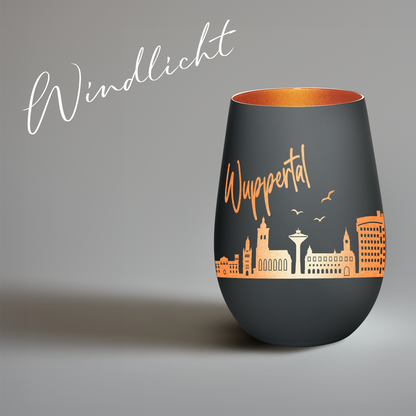 Hochwertiges Glas Windlicht mit Gravur "SKYLINE WUPPERTAL" in der Farbe Schwarz/Bronze
