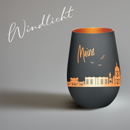 Hochwertiges Glas Windlicht mit Gravur "SKYLINE MAINZ" in der Farbe Schwarz/Bronze