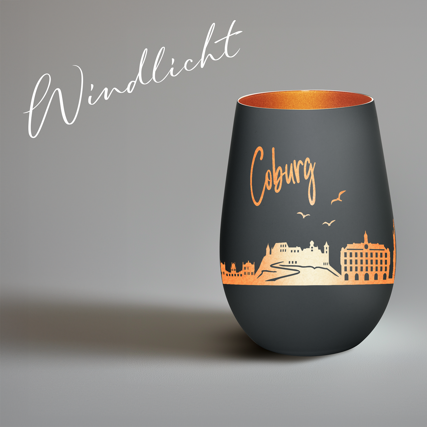 Hochwertiges Glas Windlicht mit Gravur "SKYLINE COBURG" in der Farbe Schwarz/Bronze