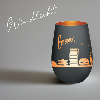 Hochwertiges Glas Windlicht mit Gravur "SKYLINE BREMEN" in der Farbe Schwarz/Bronze