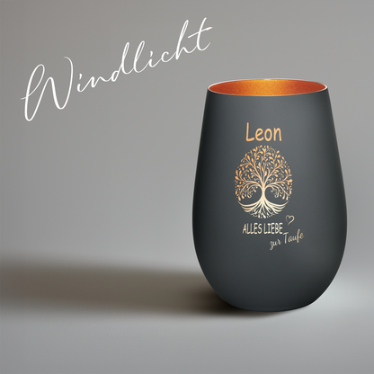 Hochwertiges Glas Windlicht mit Gravur "ALLES LIEBE ZUR TAUFE" mit Wunschname in der Farbe Schwarz/Bronze