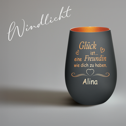 Hochwertiges Glas Windlicht mit Gravur "GLÜCK IST EINE FREUNDIN WIE DICH ZU HABEN" mit Wunschname in der Farbe Schwarz/Bronze