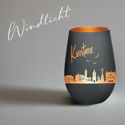 Hochwertiges Glas Windlicht mit Gravur "SKYLINE KONSTANZ" in der Farbe Schwarz/Bronze