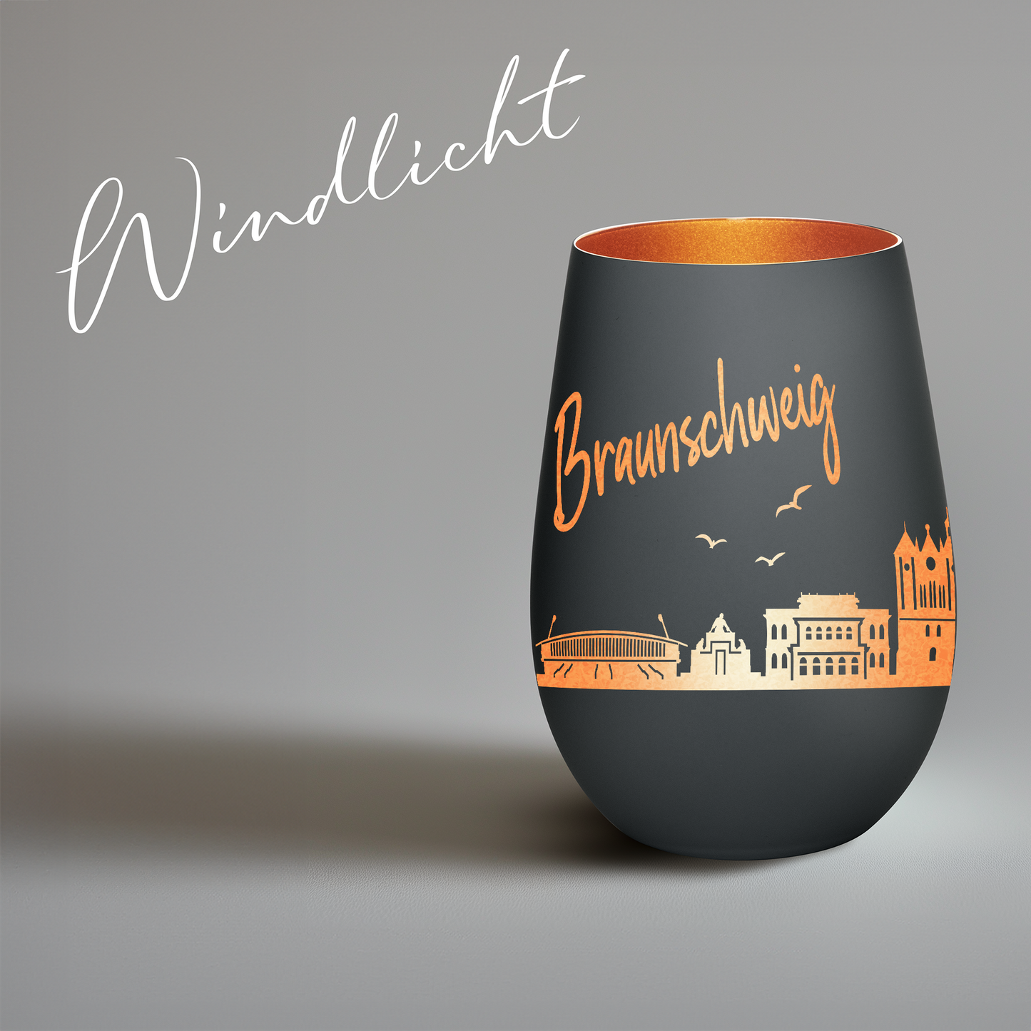 Hochwertiges Glas Windlicht mit Gravur "SKYLINE BRAUNSCHWEIG" in der Farbe Schwarz/Bronze