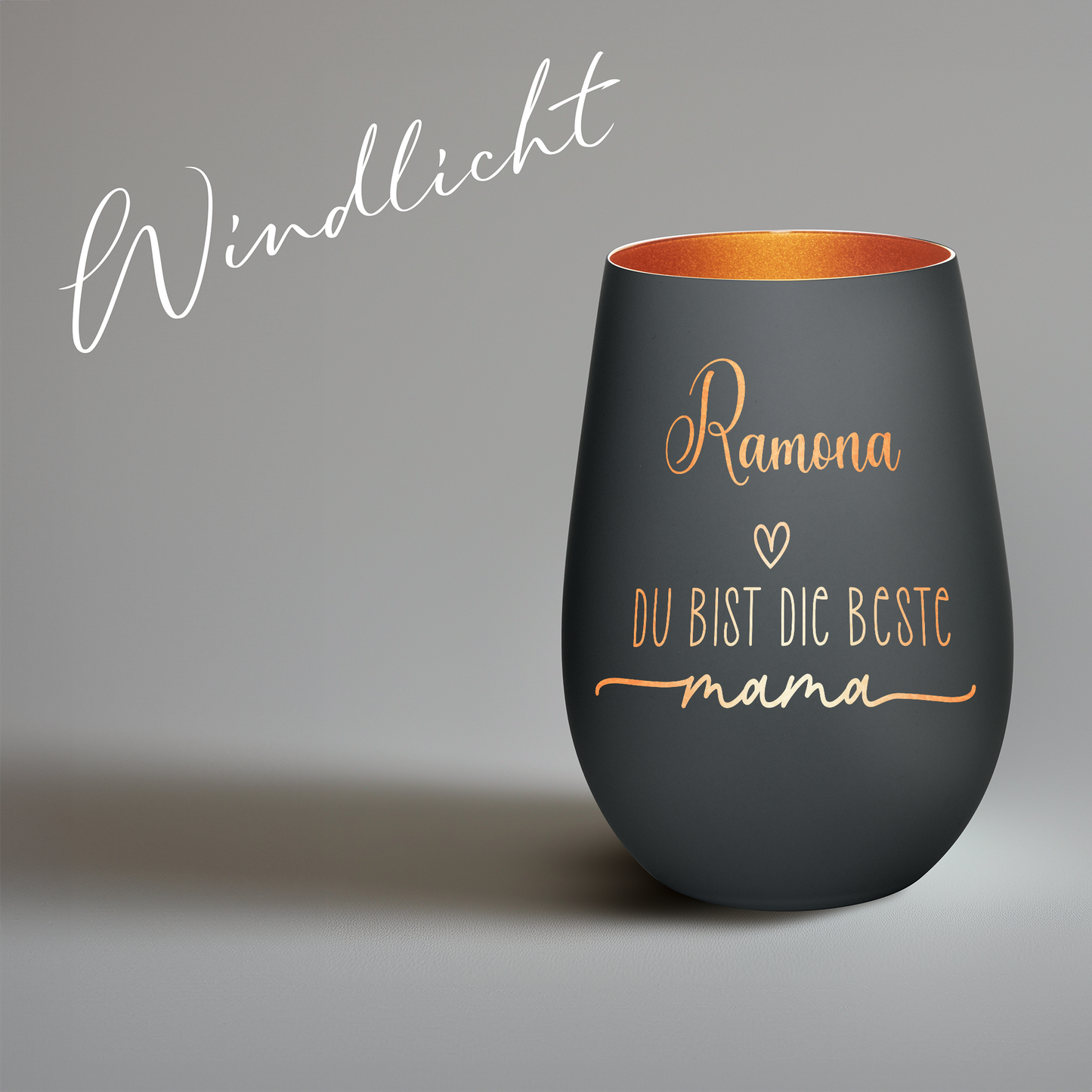 Hochwertiges Glas Windlicht mit Gravur "DIE BESTE MAMA" mit Wunschname in der Farbe Schwarz/Bronze