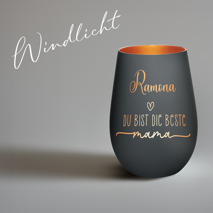 Hochwertiges Glas Windlicht mit Gravur "DIE BESTE MAMA" mit Wunschname in der Farbe Schwarz/Bronze