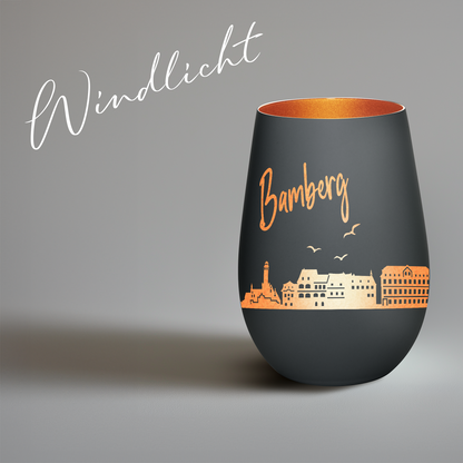 Hochwertiges Glas Windlicht mit Gravur "SKYLINE BAMBERG" in der Farbe Schwarz/Bronze