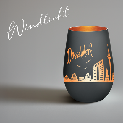 Hochwertiges Glas Windlicht mit Gravur "SKYLINE DÜSSELDORF" in der Farbe Schwarz/Bronze