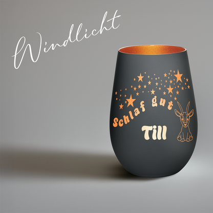 Hochwertiges Glas Windlicht für Kinder mit Gravur "SCHLAF GUT" Motiv Antilope mit Wunschname in der Farbe Schwarz/Bronze