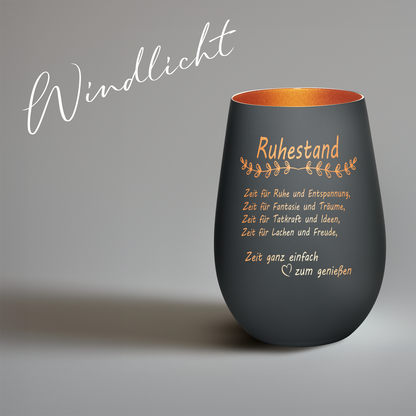 Hochwertiges Glas Windlicht mit Gravur "ALLES GUTE ZUM RUHESTAND" in der Farbe Schwarz/Bronze