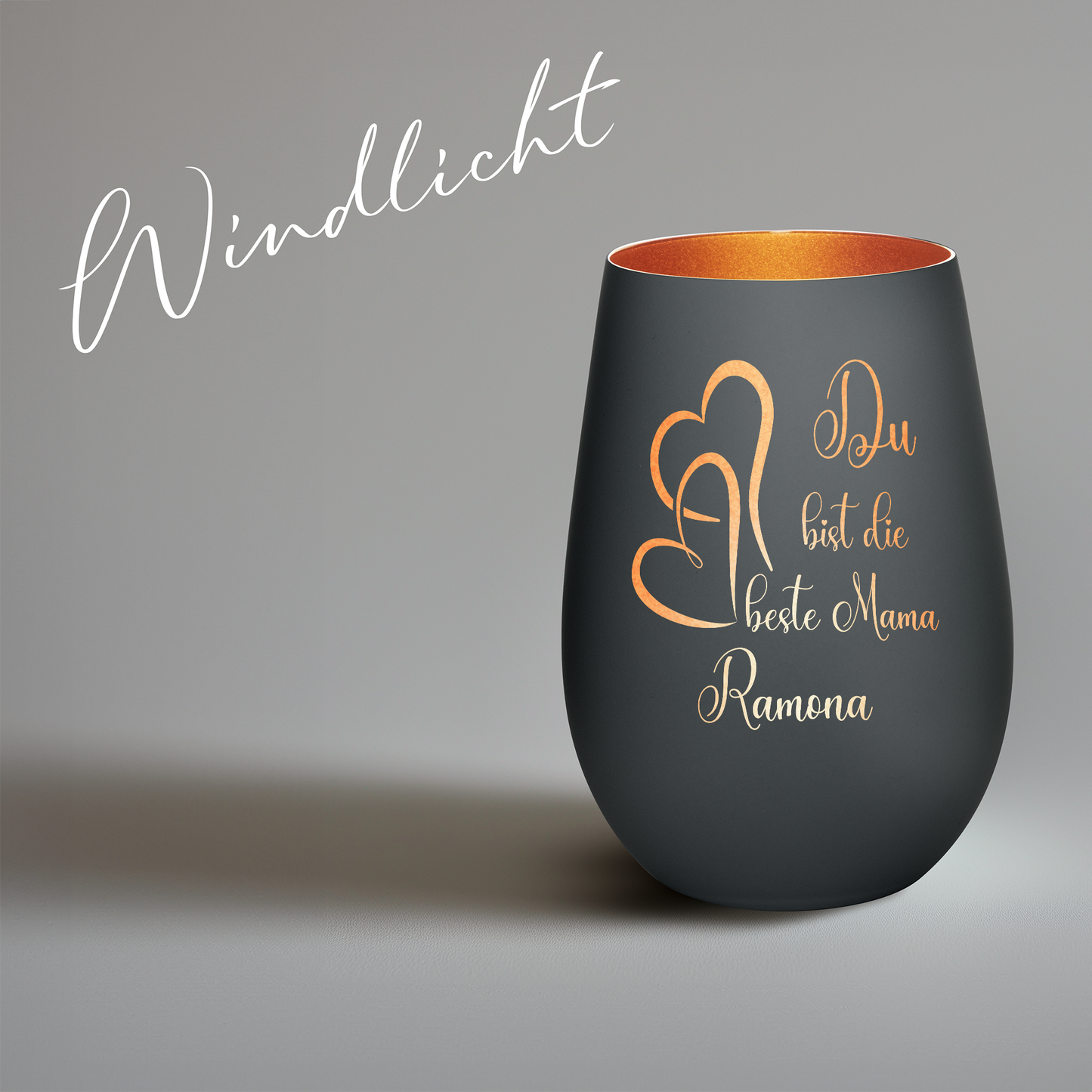 Hochwertiges Glas Windlicht mit Gravur "DU BIST DIE BESTE MAMA" mit Wunschname in der Farbe Schwarz/Bronze