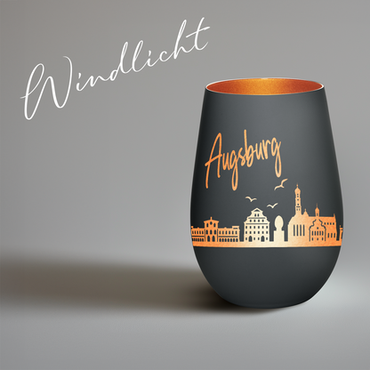 Hochwertiges Glas Windlicht mit Gravur "SKYLINE AUGSBURG" in der Farbe Schwarz/Bronze