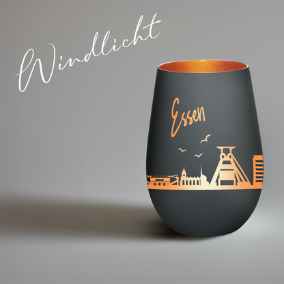 Hochwertiges Glas Windlicht mit Gravur "SKYLINE ESSEN" in der Farbe Schwarz/Bronze