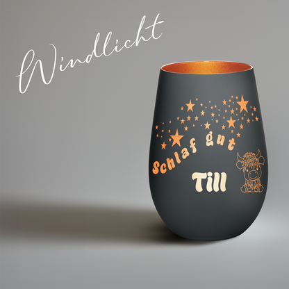 Hochwertiges Glas Windlicht für Kinder mit Gravur "SCHLAF GUT" Motiv Bison mit Wunschname in der Farbe Schwarz/Bronze