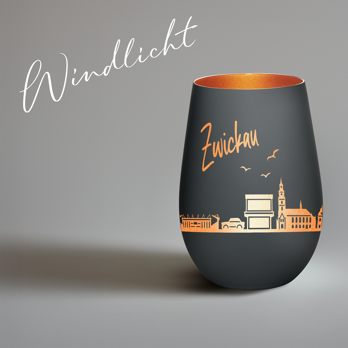 Hochwertiges Glas Windlicht mit Gravur "SKYLINE ZWICKAU" in der Farbe Schwarz/Bronze