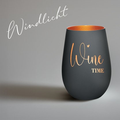 Hochwertiges Glas Windlicht mit Gravur "WINE TIME" in der Farbe Schwarz/Bronze