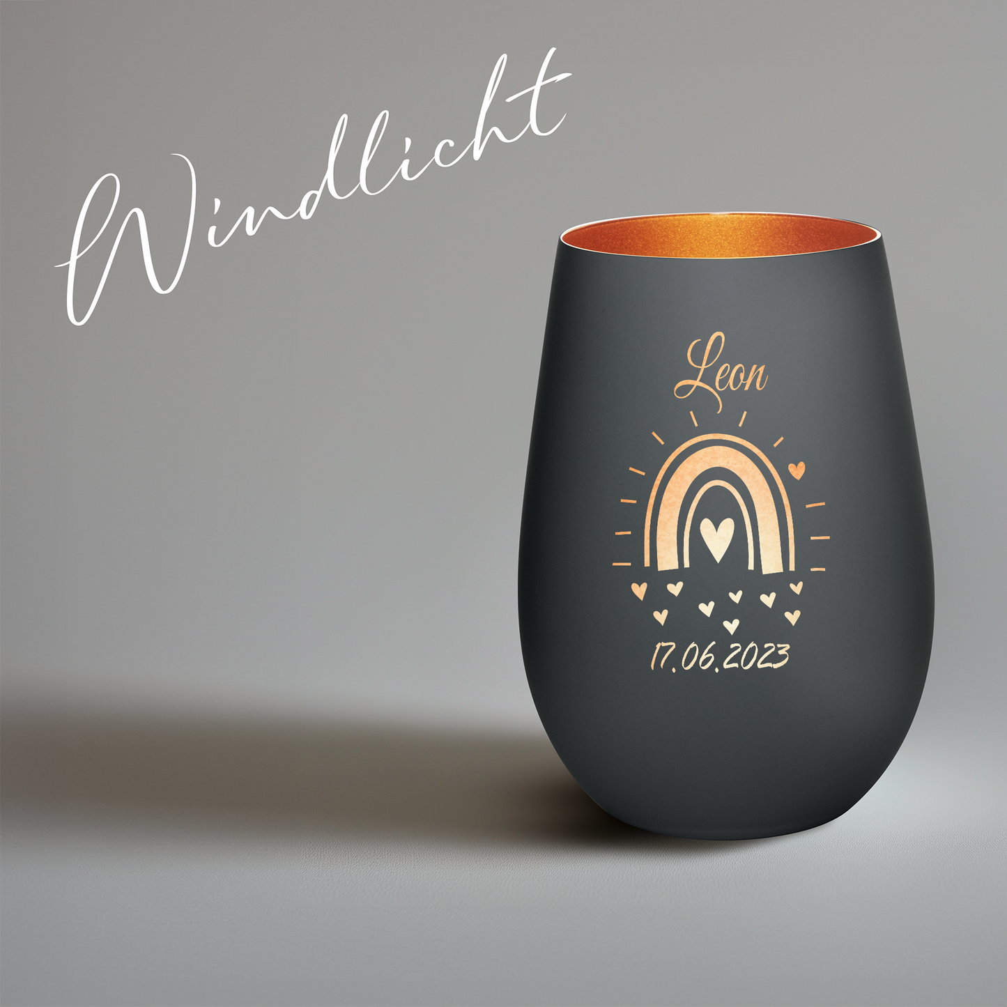 Hochwertiges Glas Windlicht mit Gravur "GEBURT MIT REGENBOGEN" mit Wunschname und Datum in der Farbe Schwarz/Bronze