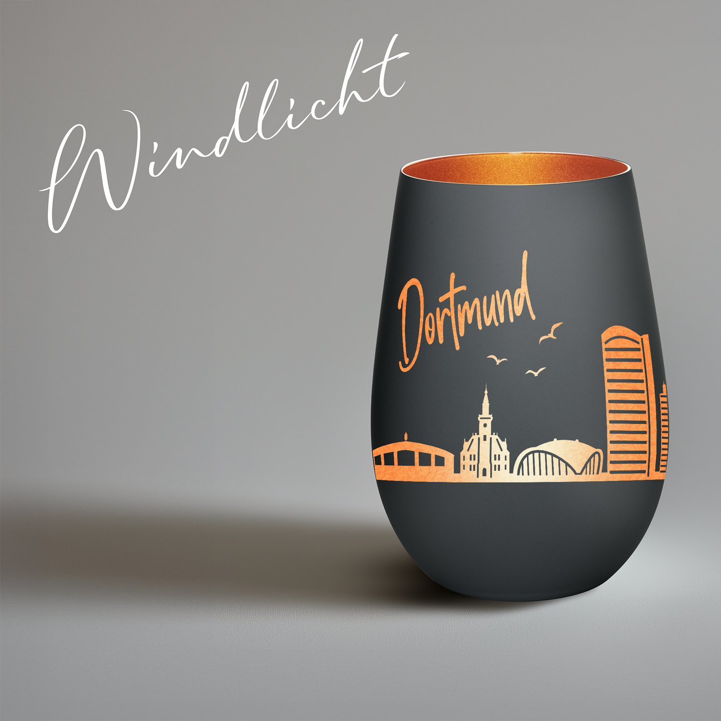 Hochwertiges Glas Windlicht mit Gravur "SKYLINE DORTMUND" in der Farbe Schwarz/Bronze
