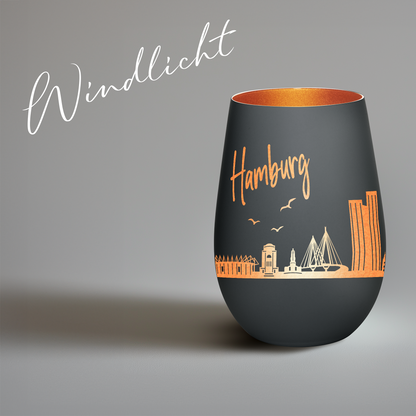 Hochwertiges Glas Windlicht mit Gravur "SKYLINE HAMBURG" in der Farbe Schwarz/Bronze