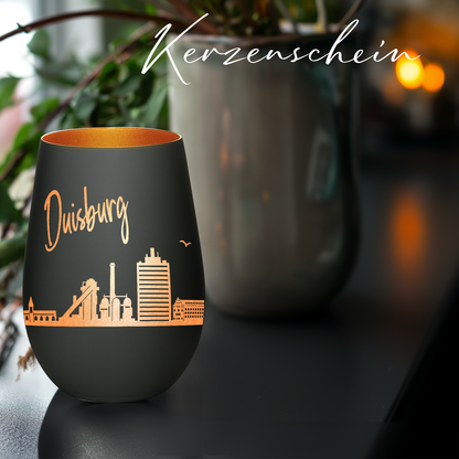 Hochwertiges Glas Windlicht mit Gravur "SKYLINE DUISBURG" in der Farbe Schwarz/Bronze