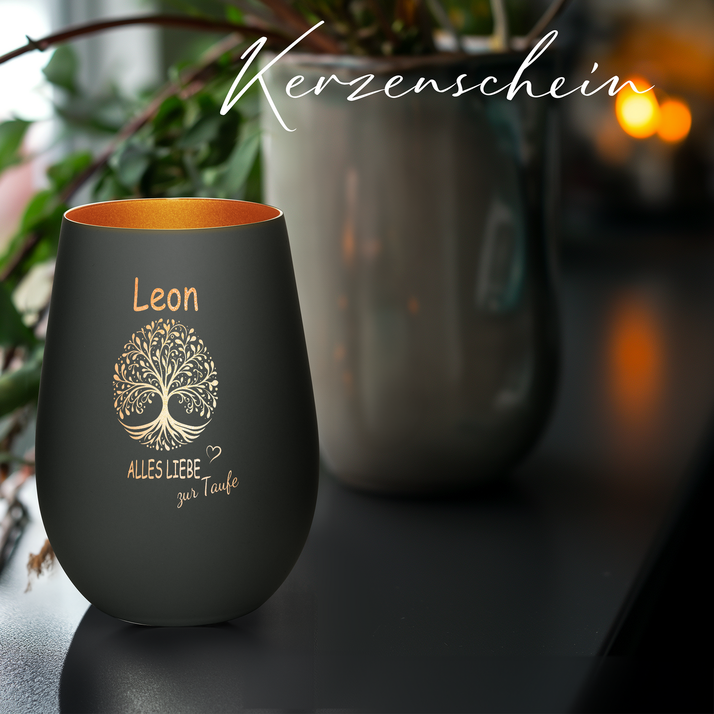 Hochwertiges Glas Windlicht mit Gravur "ALLES LIEBE ZUR TAUFE" mit Wunschname in der Farbe Schwarz/Bronze