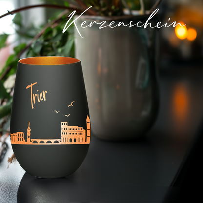 Hochwertiges Glas Windlicht mit Gravur "SKYLINE TRIER" in der Farbe Schwarz/Bronze