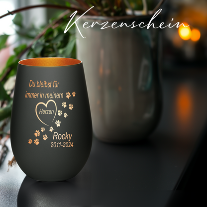 Hochwertiges Glas Windlicht als Trauerlicht für deinen Hund oder Katze "DU BLEIBST FÜR IMMER IN MEINEM HERZEN" mit Wunschname in der Farbe Schwarz/Bronze